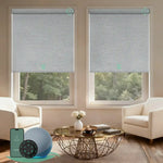 Motorized blackout roller shades V Series with V-Shimmer Light Jade fabric for precise light control and full light blockage