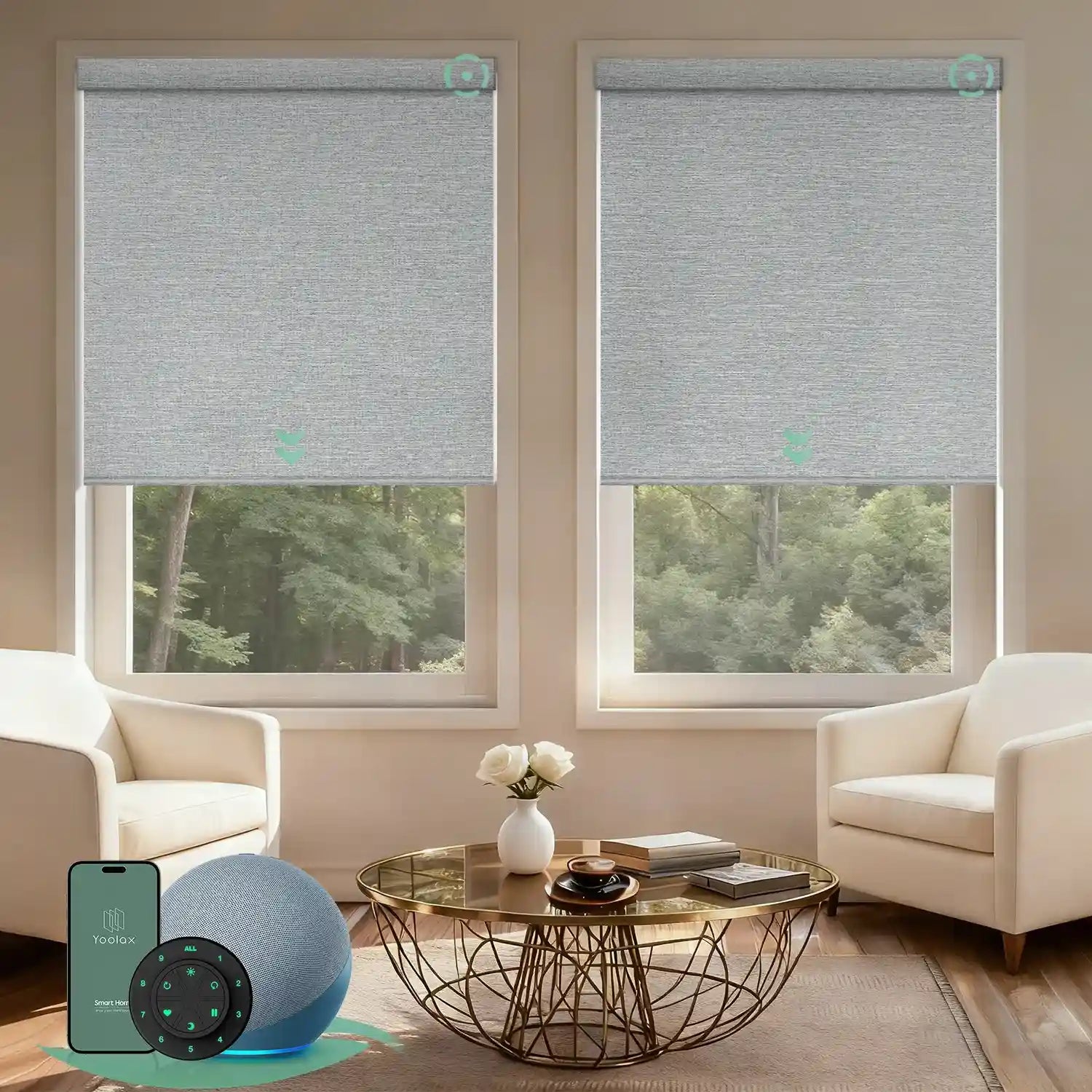 Motorized blackout roller shades V Series with V-Shimmer Light Jade fabric for precise light control and full light blockage