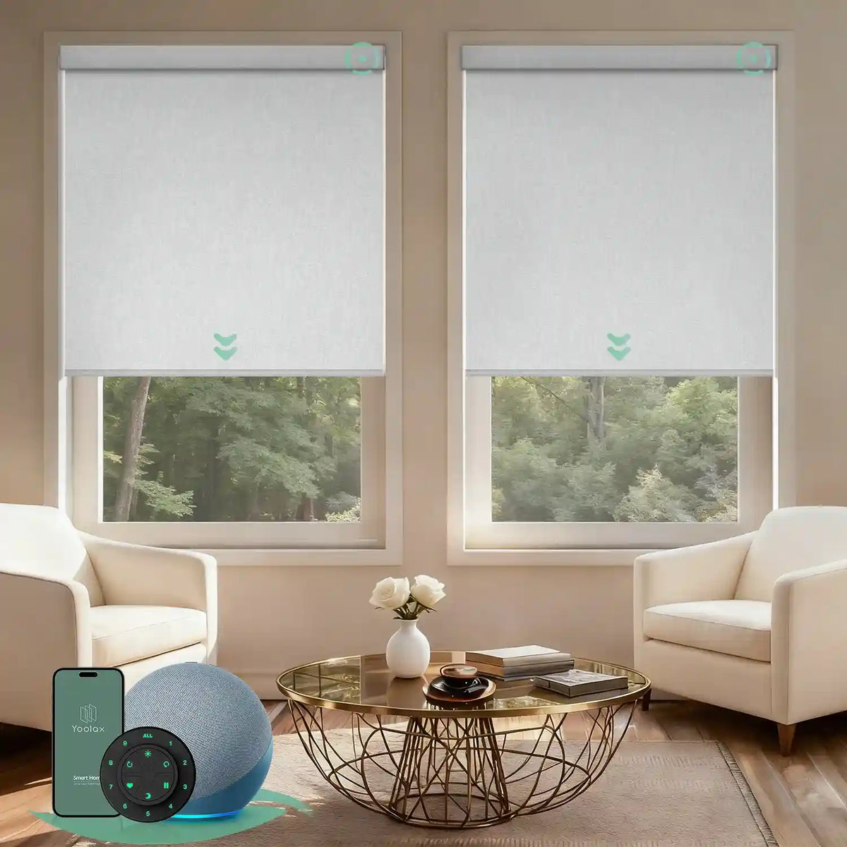 Motorized blackout roller shades V Series with V-Shimmer White fabric for precise light control and full light blockage