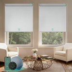 Motorized blackout roller shades V Series with V-Shimmer White fabric for precise light control and full light blockage