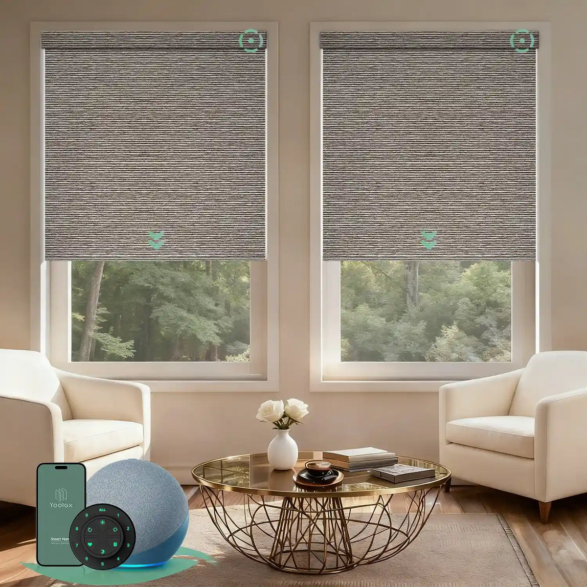 Motorized blackout roller shades V Series with V-Wood Stripe fabric for precise light control and full light blockage