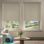 Motorized blackout roller shades with vinyl-light coffee fabric, delivering full light blockage and enhanced privacy