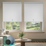 Motorized blackout roller shades with vinyl-white fabric, delivering full light blockage and enhanced privacy