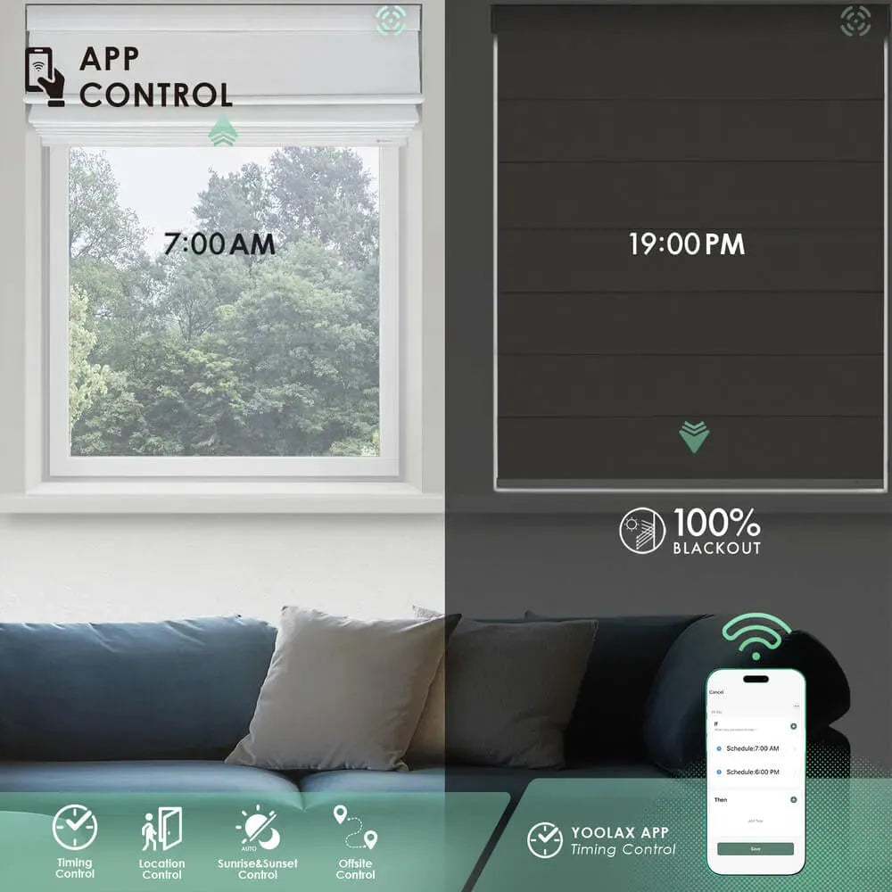 Motorized blackout roman shades with smart app control, timing automation, and remote scheduling features