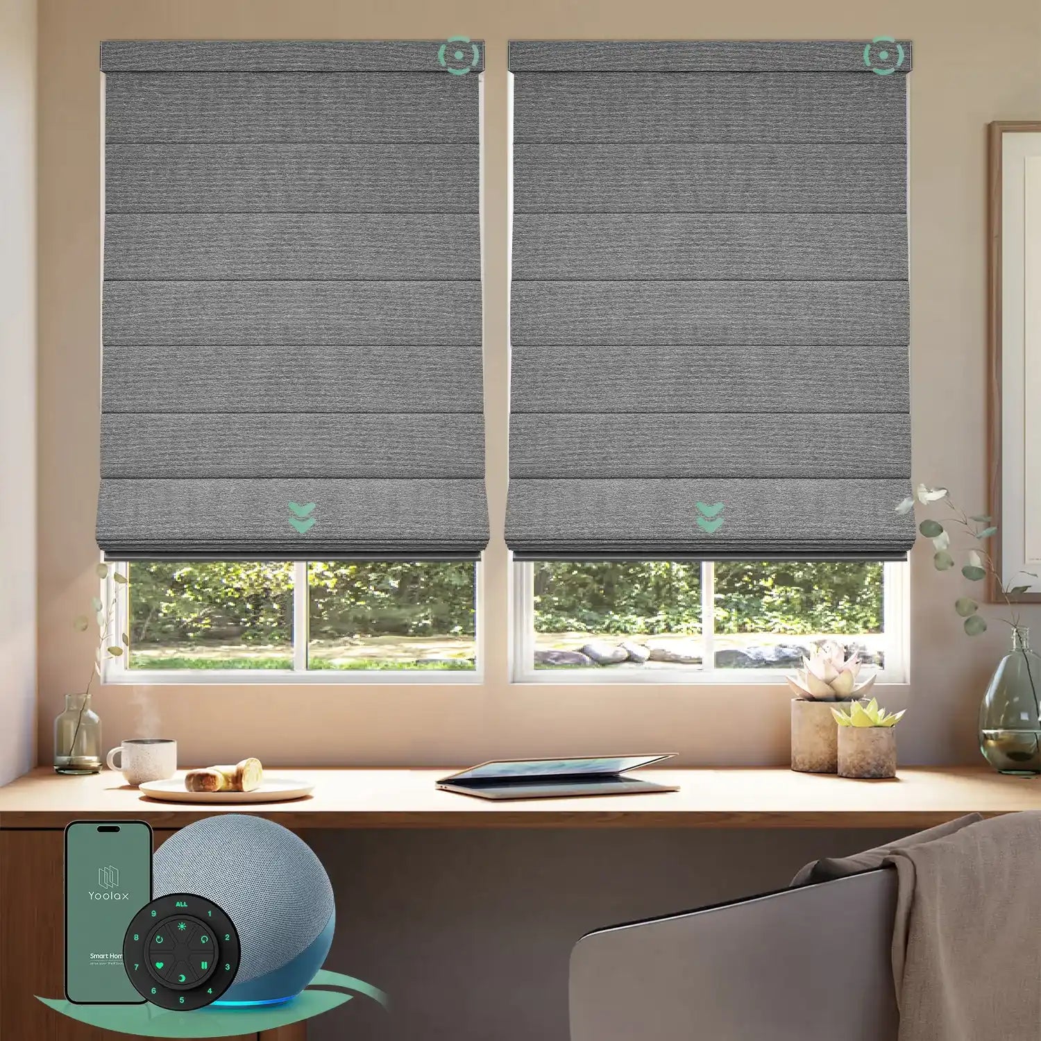 Motorized blackout roman shades with basalt stripe fabric, designed with a vintage romantic feel while providing superior light control and privacy
