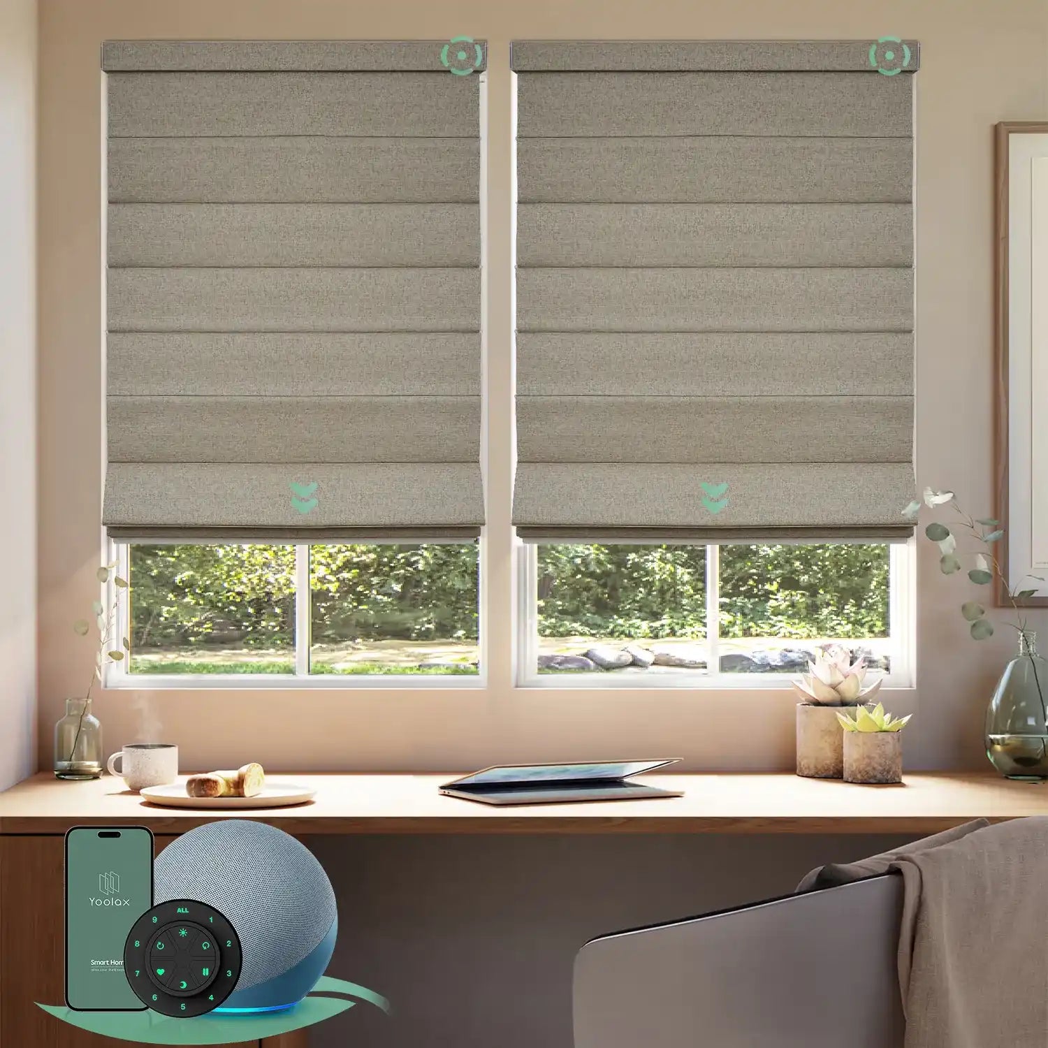 Motorized blackout roman shades with caramel gold fabric, designed with a vintage romantic feel while providing superior light control and privacy