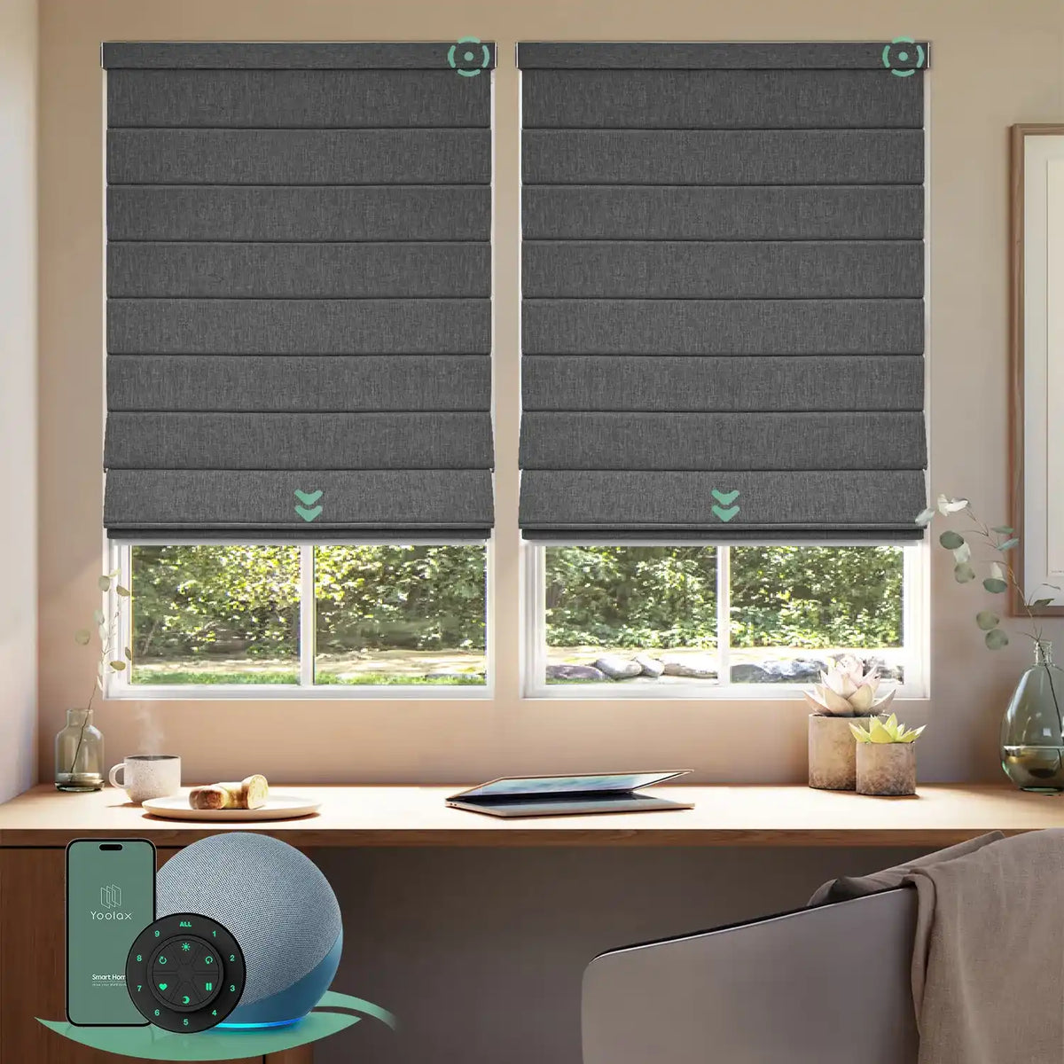 Motorized blackout roman shades with dark grey fabric, designed with a vintage romantic feel while providing superior light control and privacy