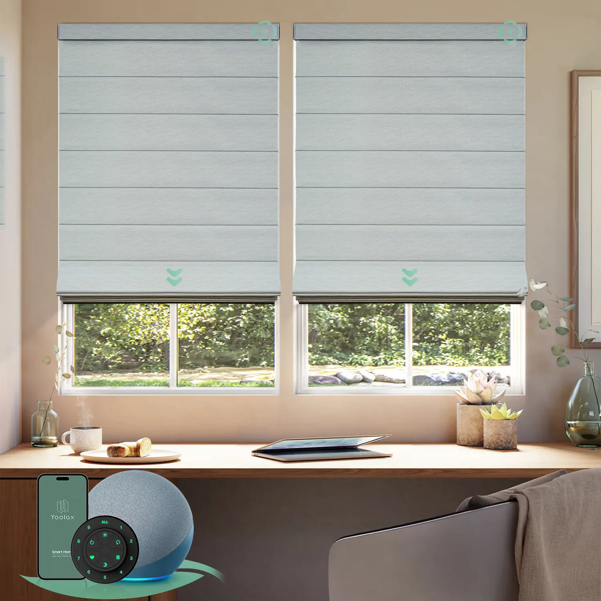 Motorized blackout roman shades with foggy thread fabric, designed with a vintage romantic feel while providing superior light control and privacy