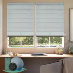 Motorized blackout roman shades with foggy thread fabric, designed with a vintage romantic feel while providing superior light control and privacy