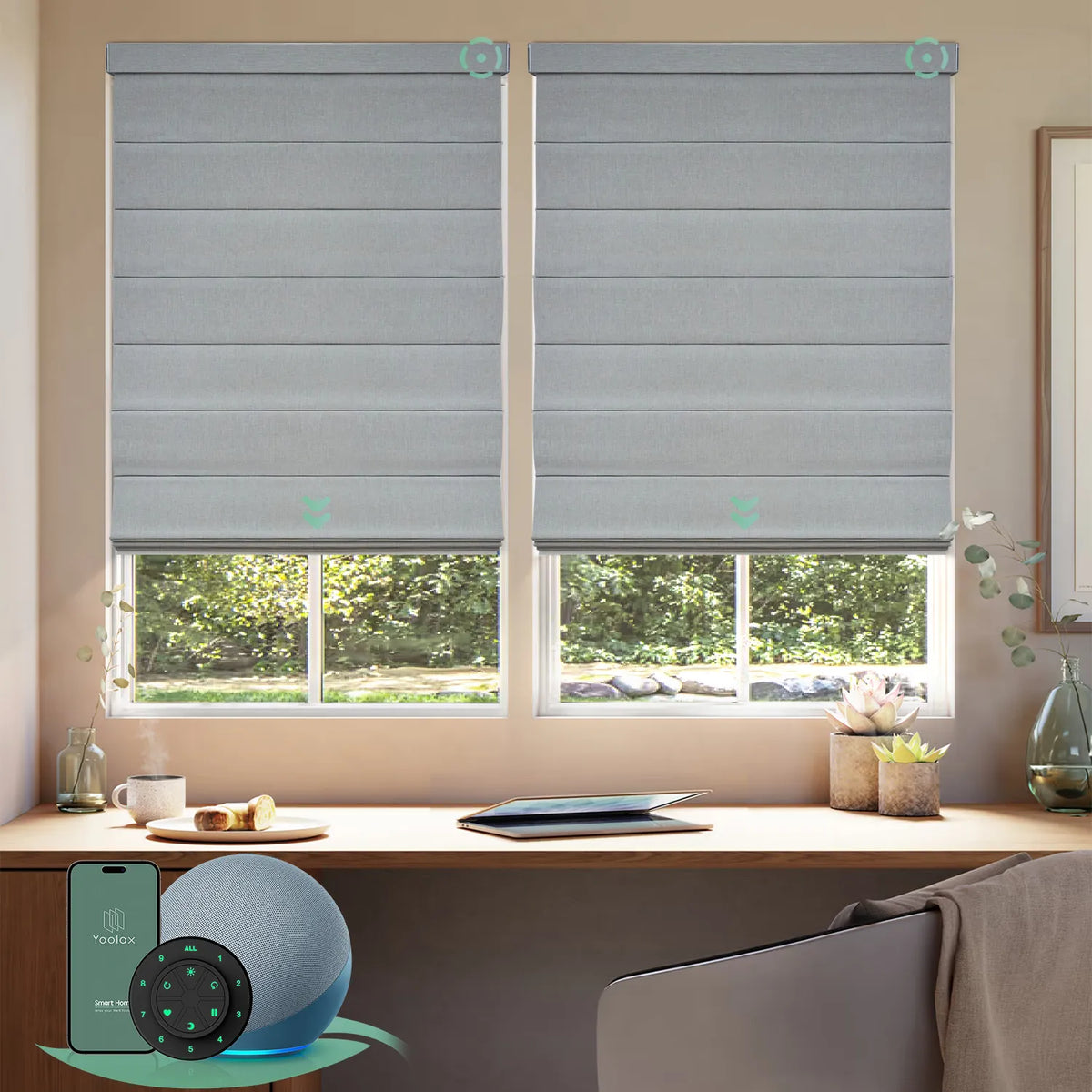 Motorized blackout roman shades with foggy white fabric, designed with a vintage romantic feel while providing superior light control and privacy