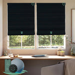 Motorized blackout roman shades with midnight stripe fabric, designed with a vintage romantic feel while providing superior light control and privacy