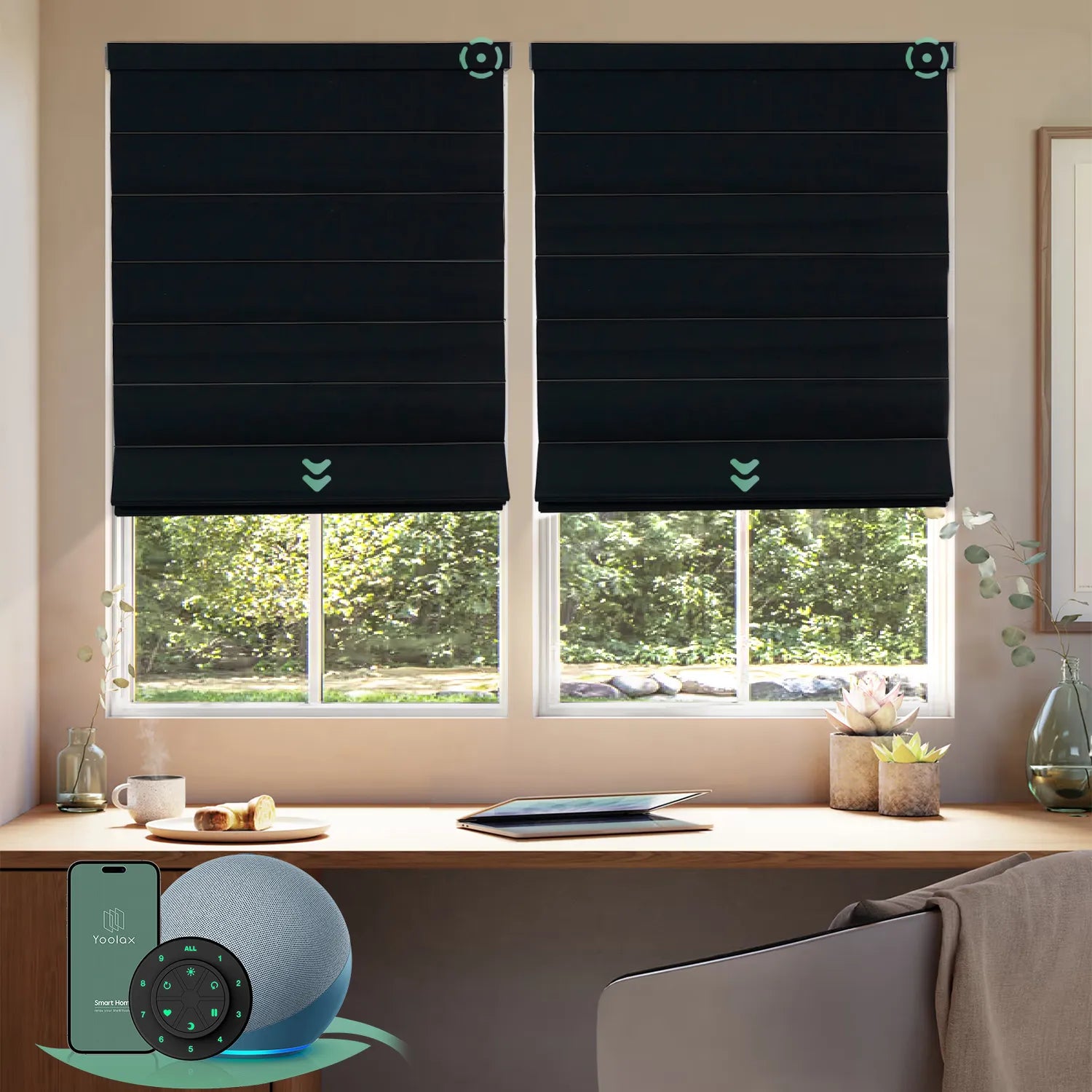 Motorized blackout roman shades with midnight stripe fabric, designed with a vintage romantic feel while providing superior light control and privacy