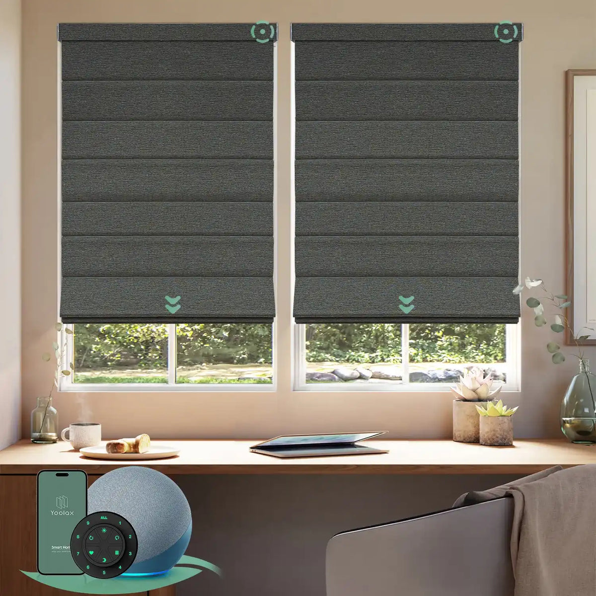 Motorized blackout roman shades with rock stripe fabric, designed with a vintage romantic feel while providing superior light control and privacy