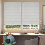 Motorized blackout roman shades with texture white fabric, designed with a vintage romantic feel while providing superior light control and privacy