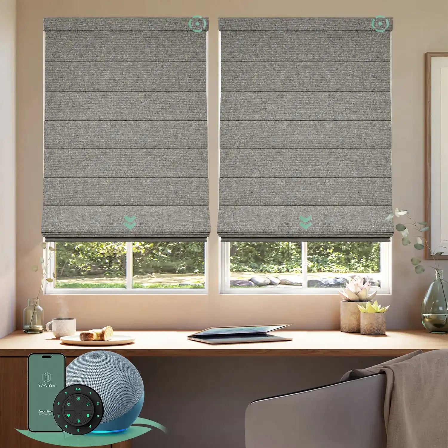Motorized blackout roman shades with wood stripe fabric, designed with a vintage romantic feel while providing superior light control and privacy