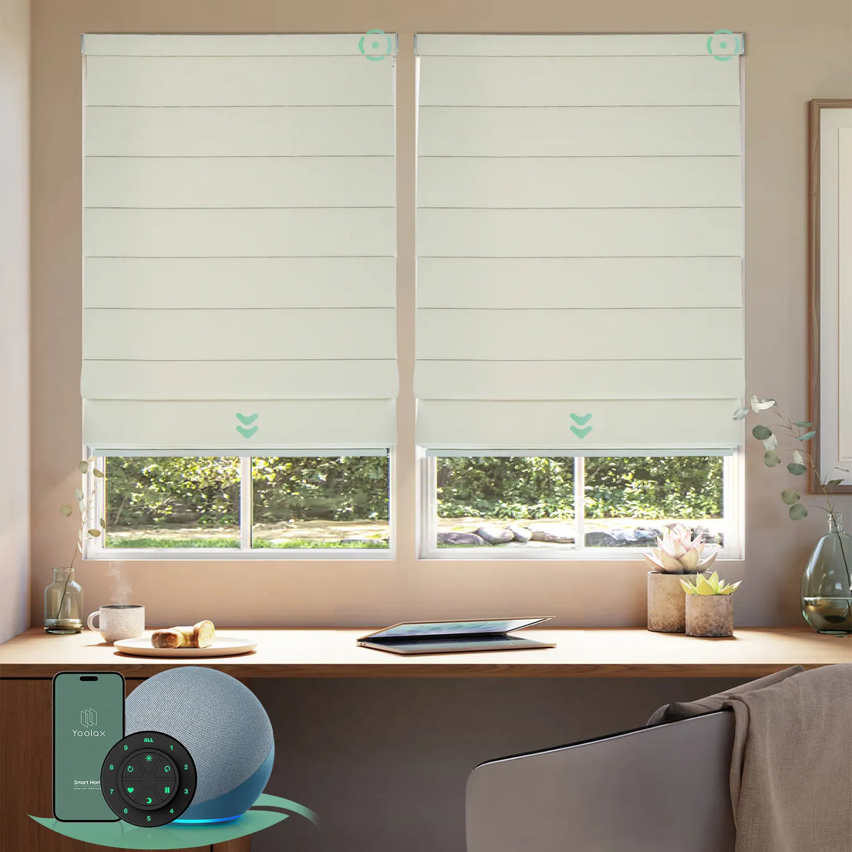 Motorized blackout roman shades with woven beige fabric, designed with a vintage romantic feel while providing superior light control and privacy