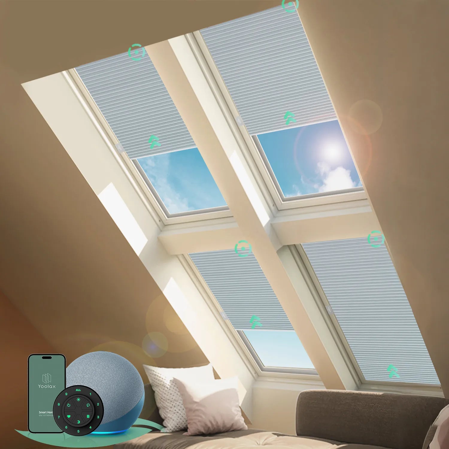Motorized skylight shades with 75% blackout white fabric, effectively blocking sunlight to create near-total darkness, reducing glare and heat.