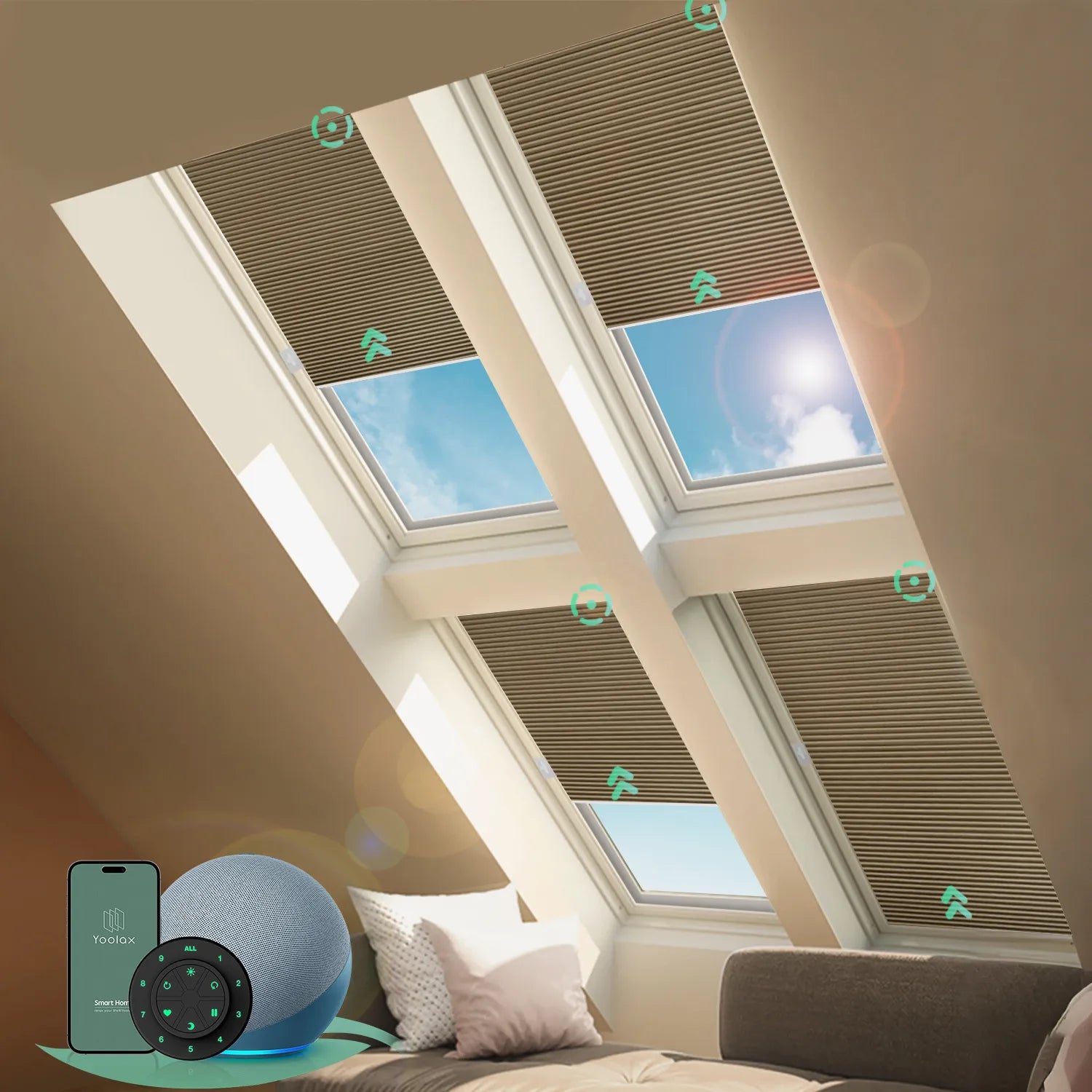 Motorized skylight shades with blackout light coffee fabric, effectively blocking sunlight to create near-total darkness, reducing glare and heat.