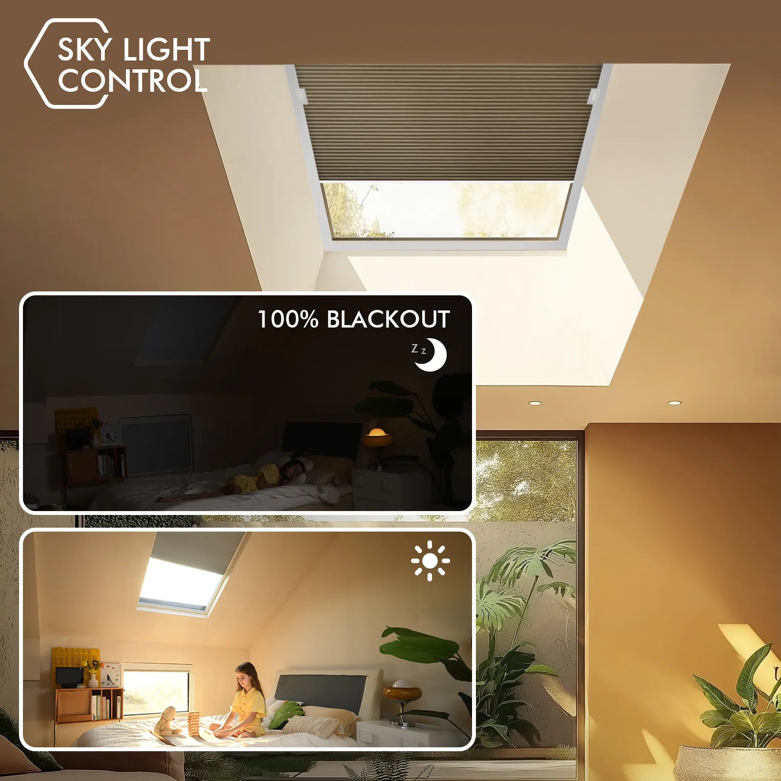 Motorized skylight shades provide complete blackout at night for restful sleep, and allow ample natural light during the day for a bright, inviting space.