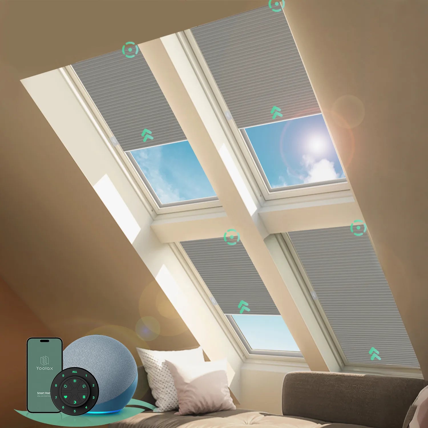 Motorized skylight shades with blackout light grey fabric, effectively blocking sunlight to create near-total darkness, reducing glare and heat.