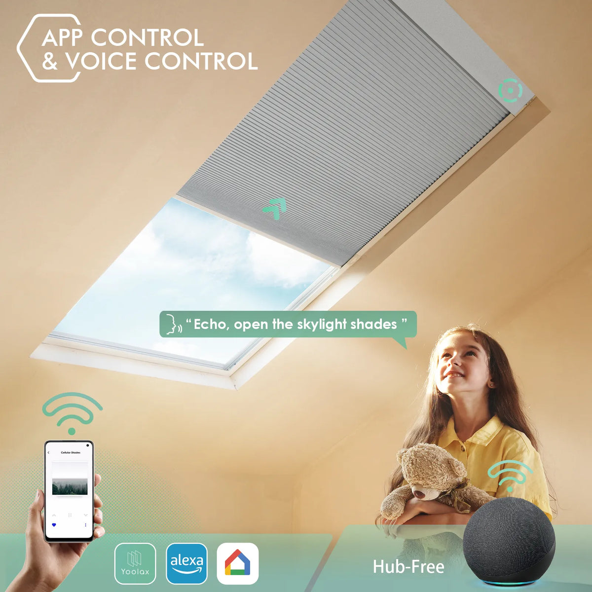 Motorized blackout skylight shades with voice control, app control , and timer functions