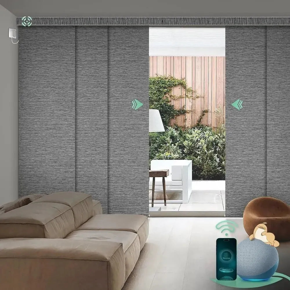 Motorized blackout sliding panel blinds in besalt strip black with hardwired motor, ideal for sliding doors and wide windows.