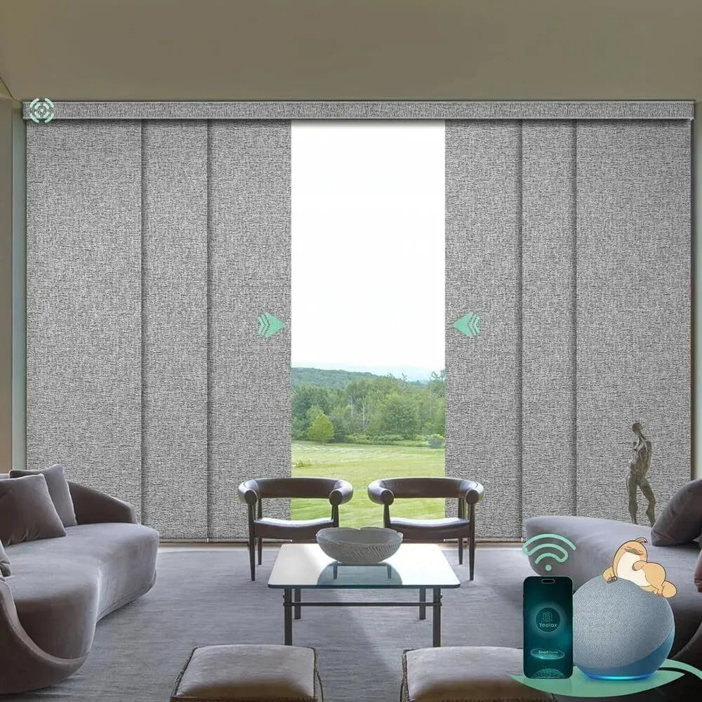 Motorized blackout sliding panel blinds in canyon grey with hardwired motor, ideal for sliding doors and wide windows.