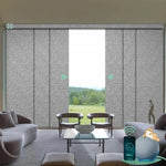 Motorized blackout sliding panel blinds in canyon grey with hardwired motor, ideal for sliding doors and wide windows.