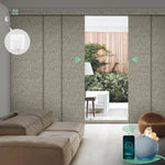 Motorized blackout sliding panel blinds in carmel gold with hardwired motor, ideal for sliding doors and wide windows.