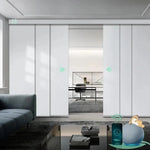 Motorized blackout sliding panel blinds in fabric white with hardwired motor, ideal for sliding doors and wide windows.