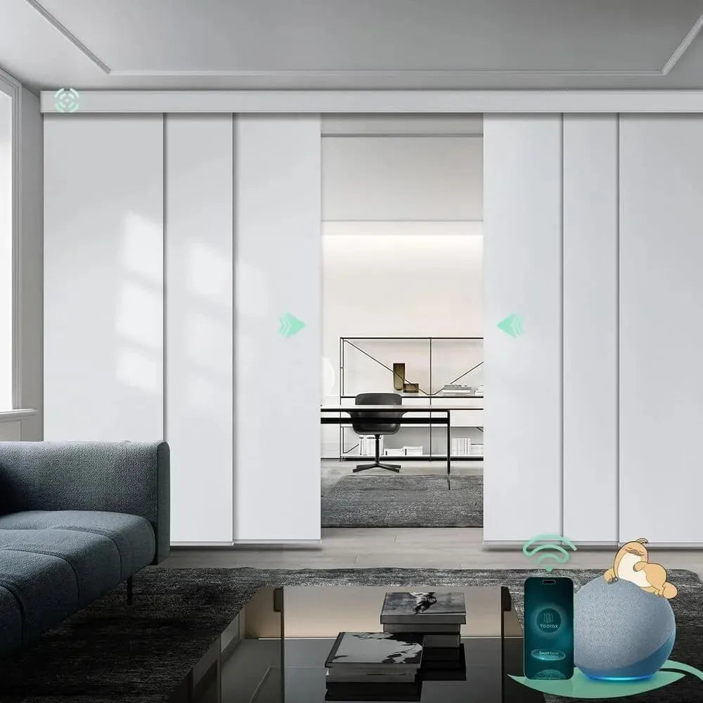 Motorized blackout sliding panel blinds in fabric white with hardwired motor, ideal for sliding doors and wide windows.