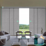 Motorized blackout sliding panel blinds in grid light gray with hardwired motor, ideal for sliding doors and wide windows.