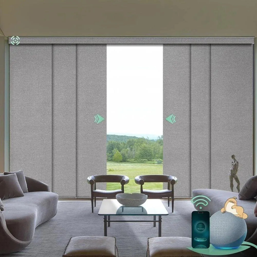 Motorized blackout sliding panel blinds in grid light gray with hardwired motor, ideal for sliding doors and wide windows.