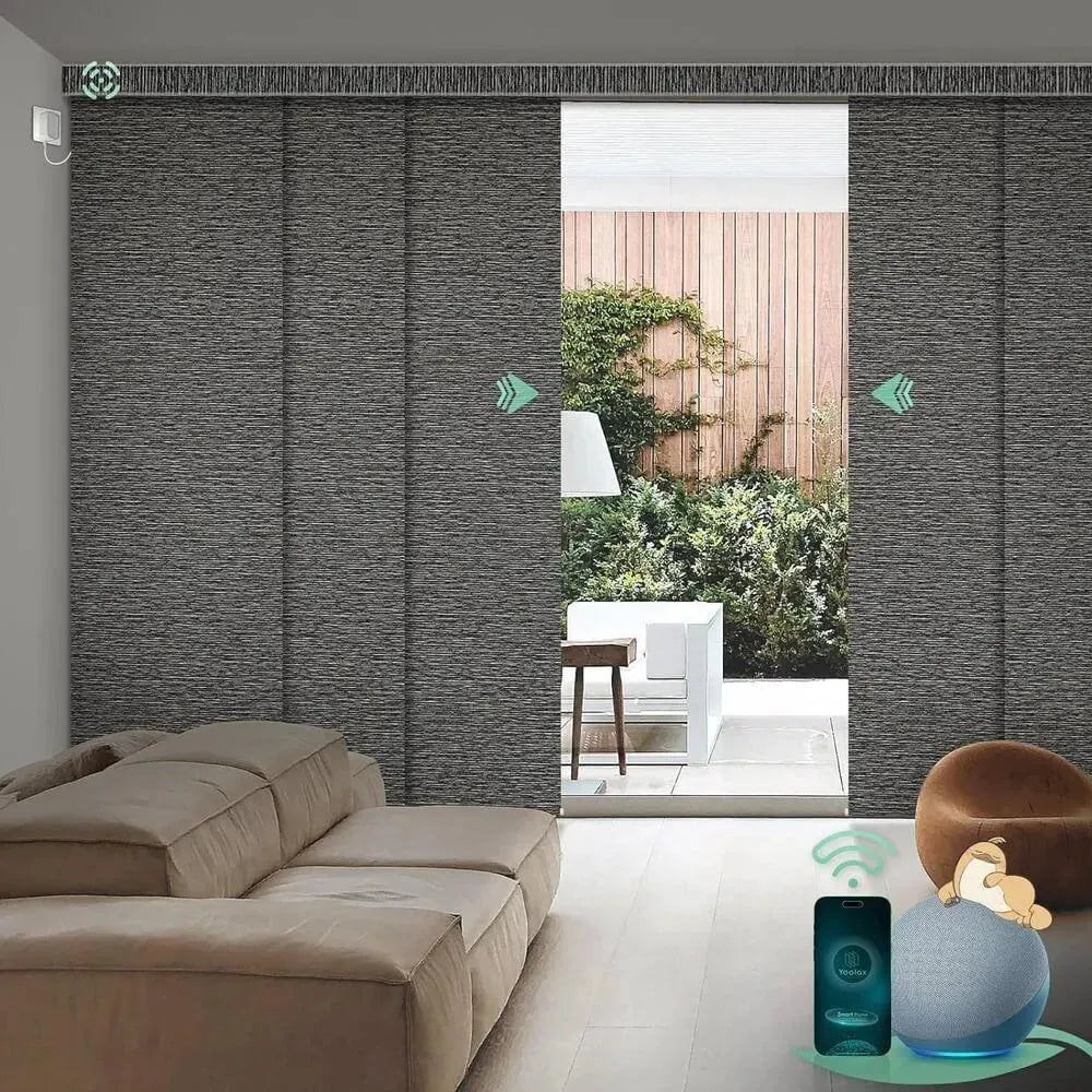 Motorized blackout sliding panel blinds in rock strip black with hardwired motor, ideal for sliding doors and wide windows.