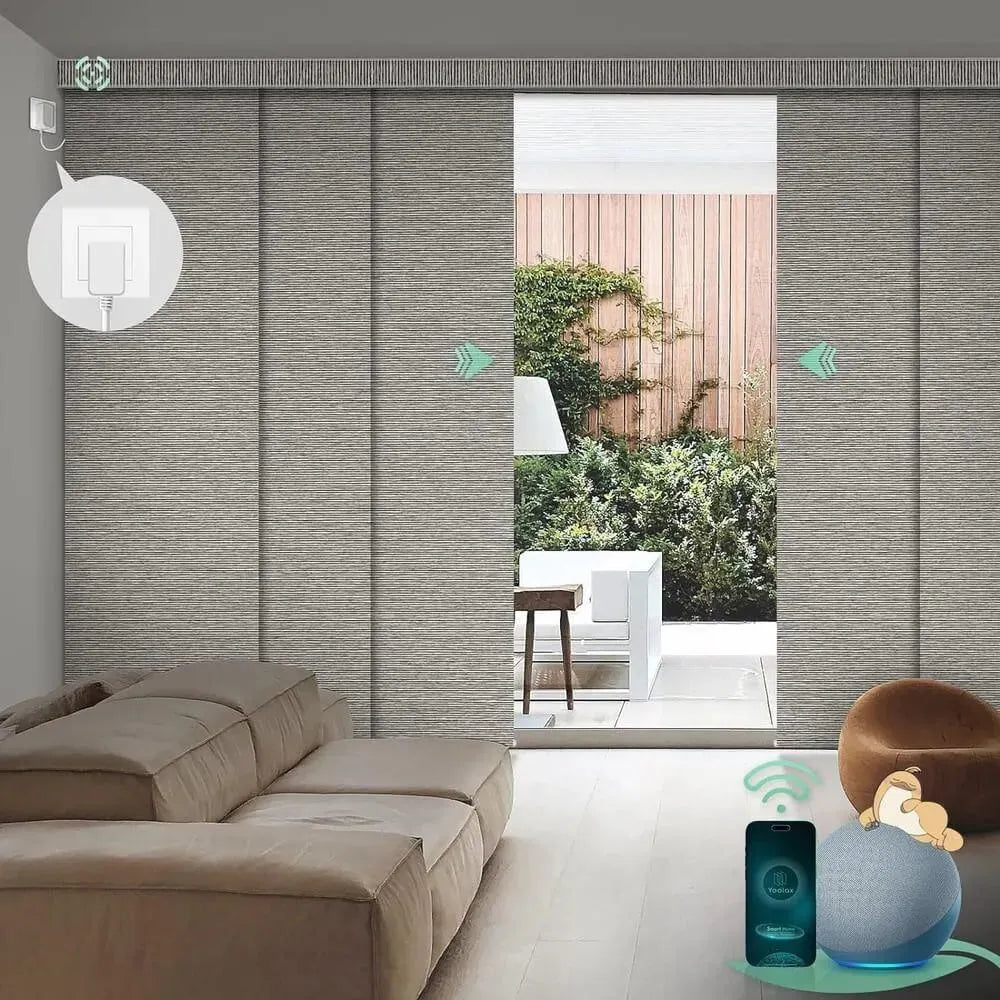 Motorized blackout sliding panel blinds in wood strip black with hardwired motor, ideal for sliding doors and wide windows.