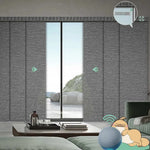 Motorized blackout sliding panel blinds in besalt strip black with rechargeable motor, ideal for sliding doors and wide windows.