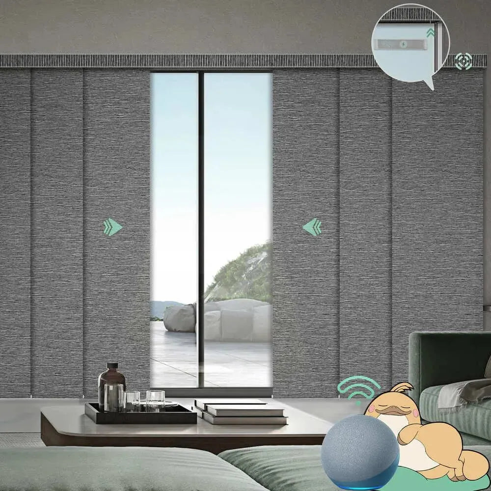 Motorized blackout sliding panel blinds in besalt strip black with rechargeable motor, ideal for sliding doors and wide windows.