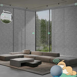Motorized blackout sliding panel blinds in canyon grey with rechargeable motor, ideal for sliding doors and wide windows.