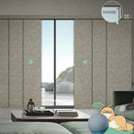 Motorized blackout sliding panel blinds in carmel gold with rechargeable motor, ideal for sliding doors and wide windows.