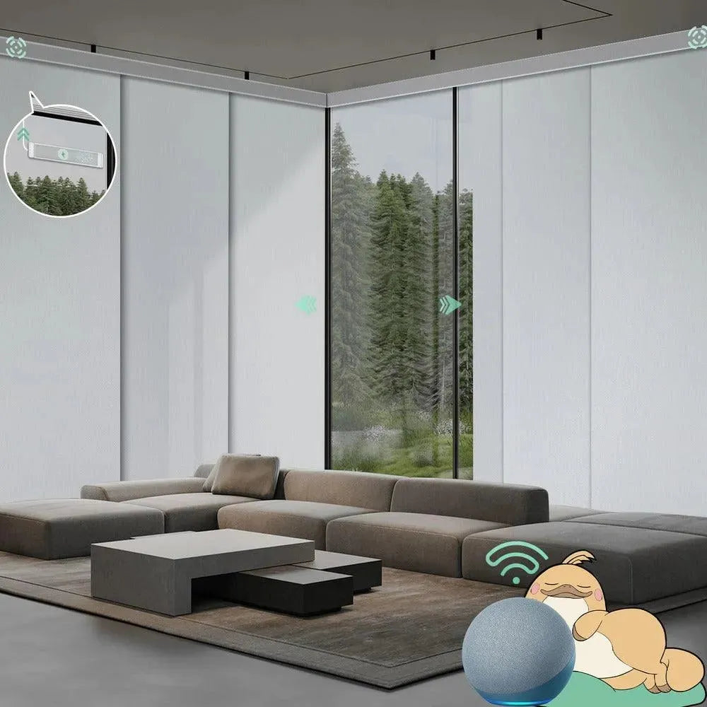 Motorized blackout sliding panel blinds in fabric white with rechargeable motor, ideal for sliding doors and wide windows.