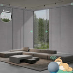 Motorized blackout sliding panel blinds in grid light gray with rechargeable motor, ideal for sliding doors and wide windows.