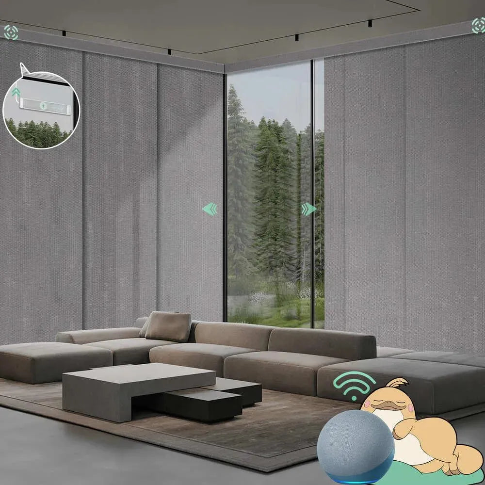 Motorized blackout sliding panel blinds in grid light gray with rechargeable motor, ideal for sliding doors and wide windows.