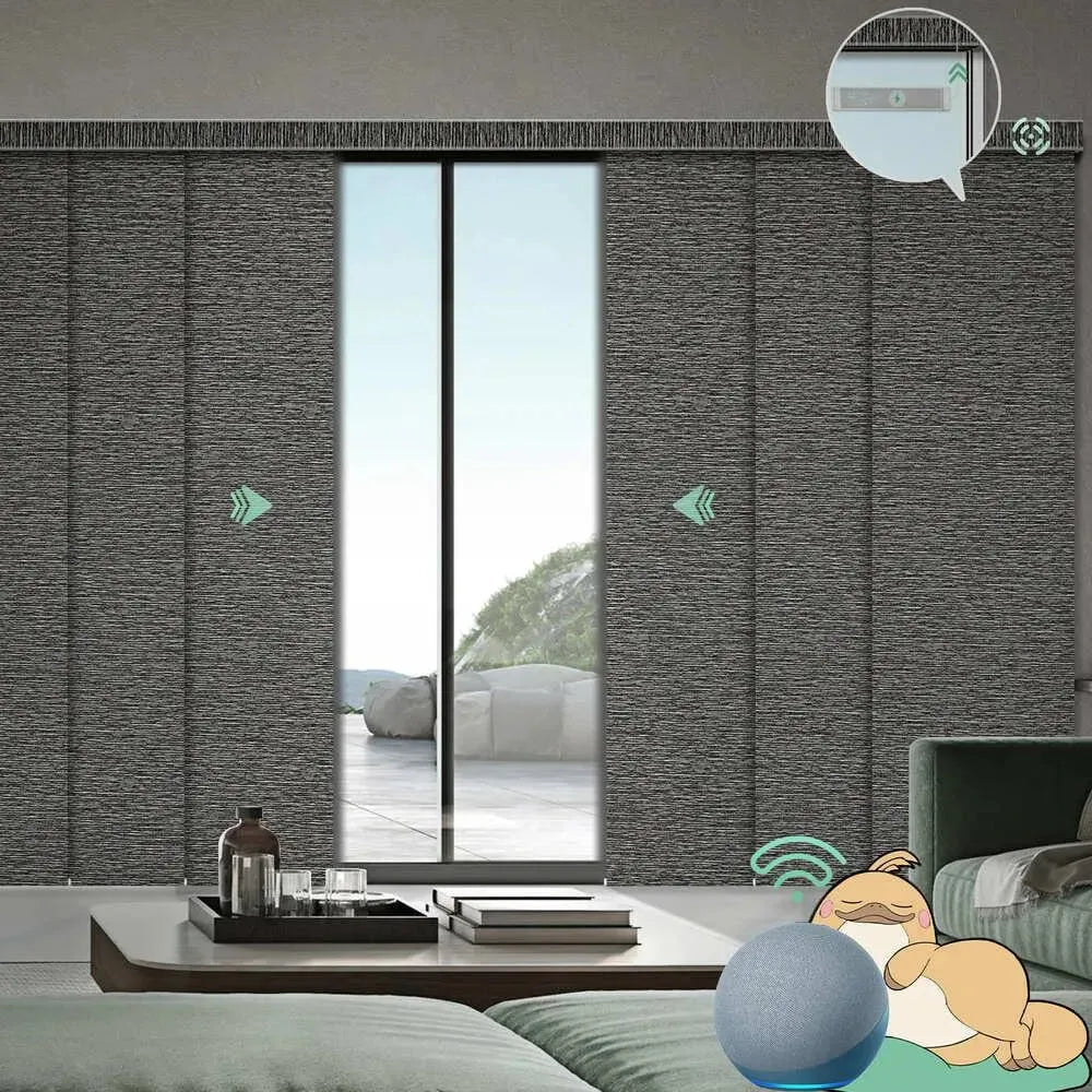 Motorized blackout sliding panel blinds in rock strip black with rechargeable motor, ideal for sliding doors and wide windows.