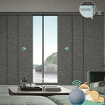 Motorized blackout sliding panel blinds in rock strip black with rechargeable motor, ideal for sliding doors and wide windows.