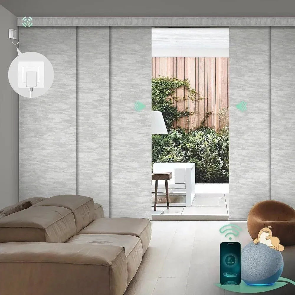 Motorized blackout vertical panel blinds in foggy thread gray with hardwired motor, ideal for sliding doors and wide windows.