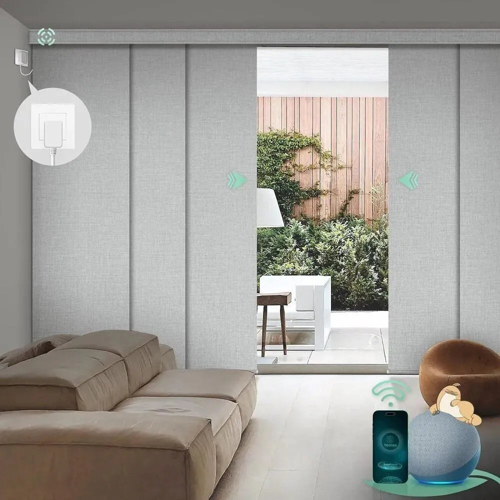 Motorized blackout vertical panel blinds in foggy white with hardwired motor, ideal for sliding doors and wide windows.