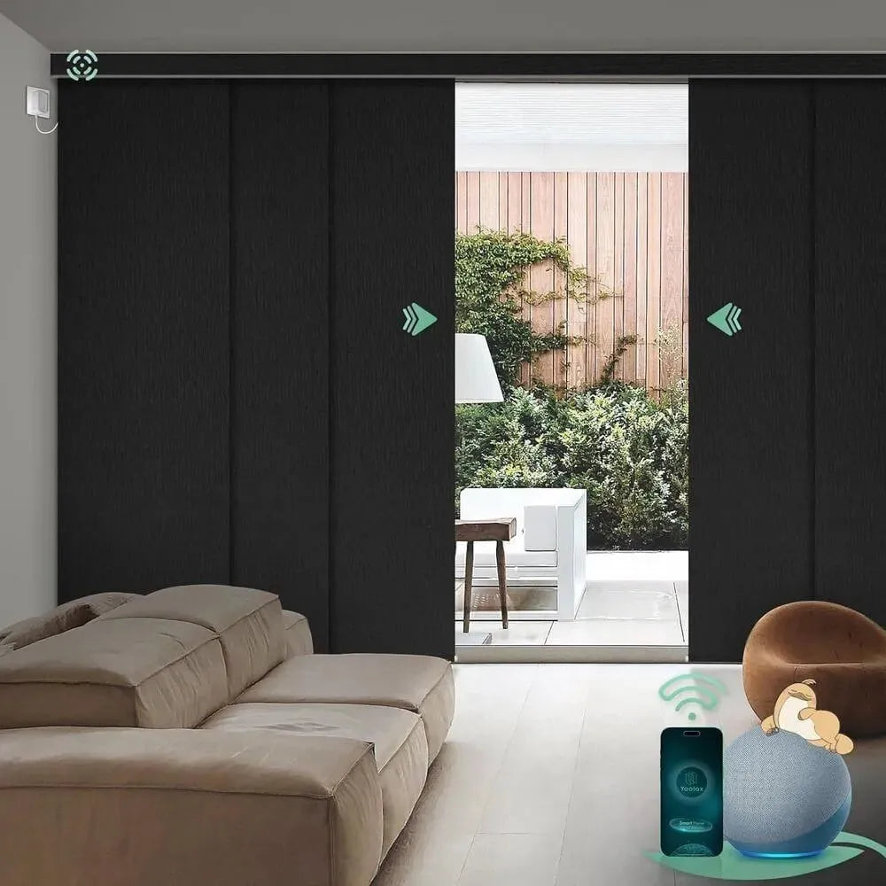 Motorized blackout vertical panel blinds in midnight strip black with hardwired motor, ideal for sliding doors and wide windows.