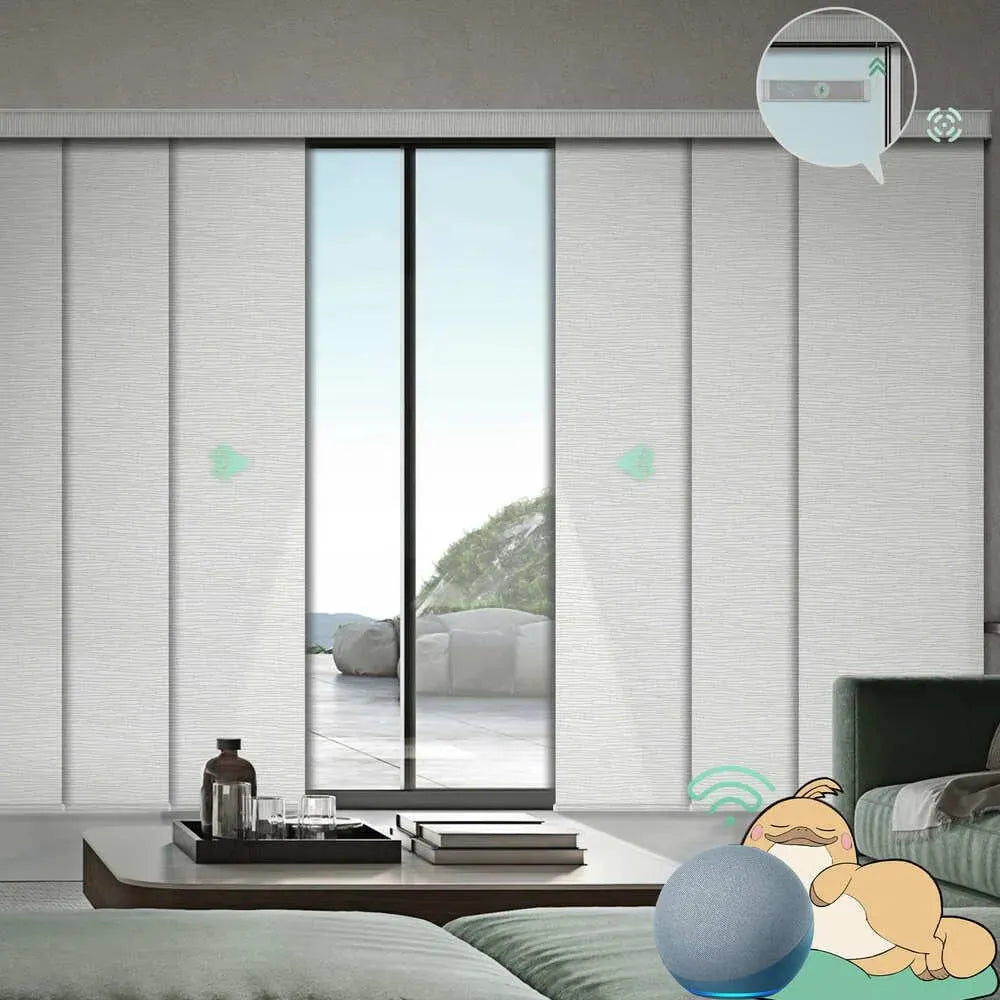 Motorized blackout vertical panel blinds in foggy thread gray with rechargeable motor, ideal for sliding doors and wide windows.