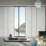 Motorized blackout vertical panel blinds in foggy thread gray with rechargeable motor, ideal for sliding doors and wide windows.