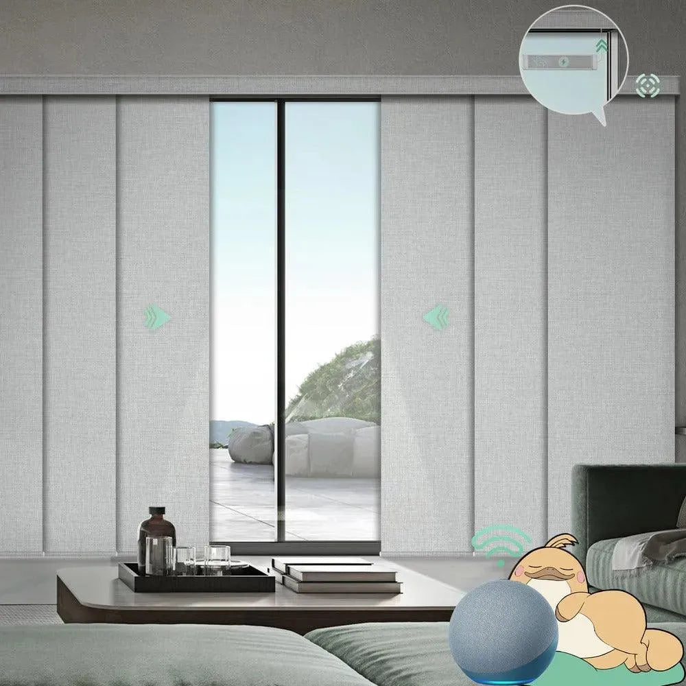 Motorized blackout vertical panel blinds in foggy white with rechargeable motor, ideal for sliding doors and wide windows.